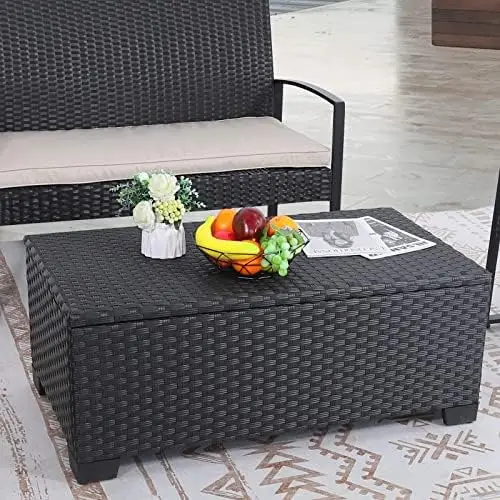 Patio Coffee Table with Storage Wicker Outdoor Coffee Table and All-Weather Wicker Side Table with Waterproof Cover