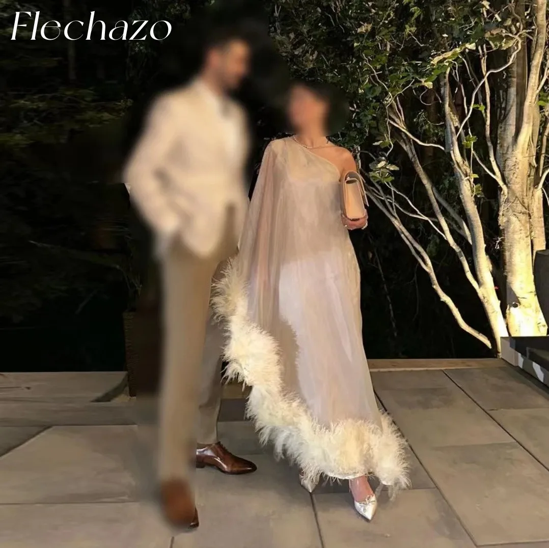 Flechazo-Vestidos de Noche de Organza brillantes para mujer, vestido de fiesta de boda Vintage con plumas hasta el tobillo, un hombro, 2024