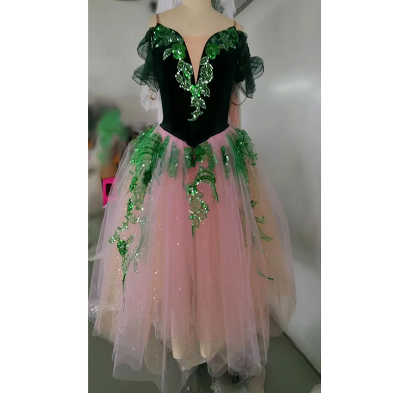 Emerald Ballet Dress Dark Green Pink Glitter Long Romantic Dress For Performance,Hook And Eyes Back Fairy Balet Custom Made