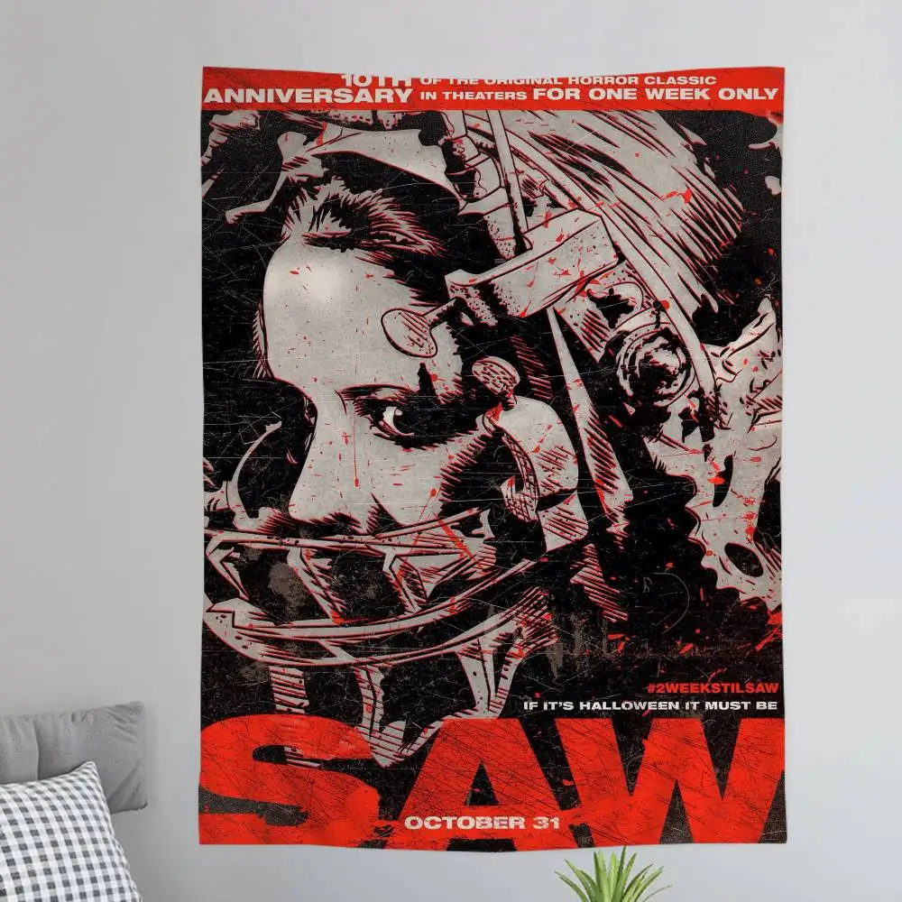 Vintage Saw Horror Movie Printed Large Wall Tapestry Art Science Fiction Room Home Decor Decor Blanket