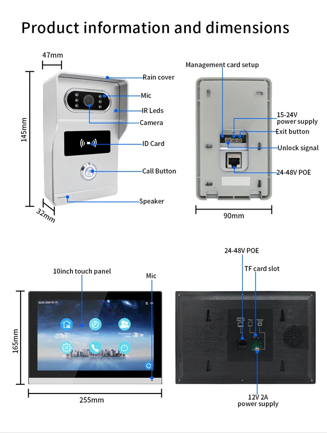 Anjielo 1080P Tuya 10-Inch IP Video Intercom System Touch Screen Wifi POE Wired Doorbell for Villa Flat RFID Access Control