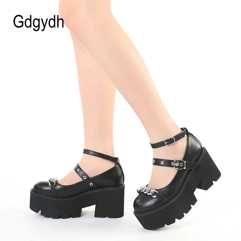 Gdgydh Lolita Shoes Mary Jane Round Toe Chunky Heel Platform Pumps for Women with Chain Plus Size Casual Footwear Comfortable