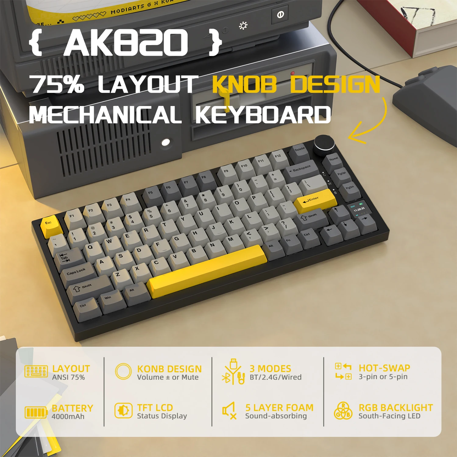Imagem -02 - Attack Shark x Ajazz Ak820 Pro Tri-mode Teclado Mecânico com Tela Tft e Knob 75 Junta Camadas de Preenchimento Rgb Hot Swappable