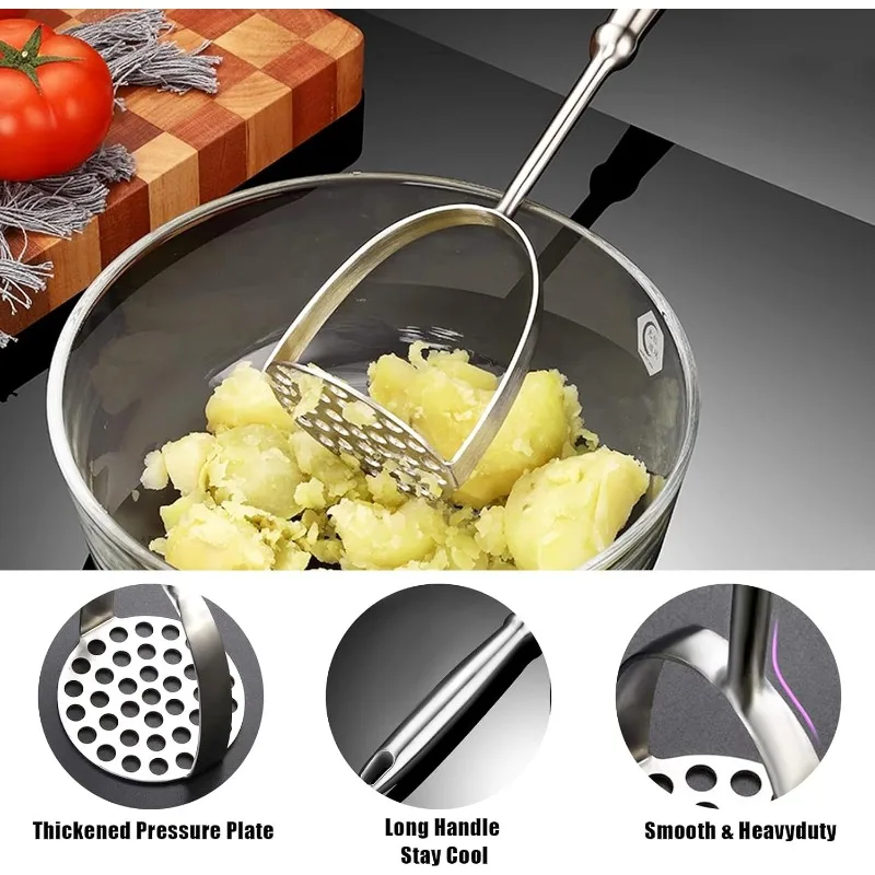 Potato Masher Stainless Steel,Potato Smasher for Mashed Potatoes, Pumpkin, Carrots, Avocado & Fruits,Mashing Utensil (Silver)