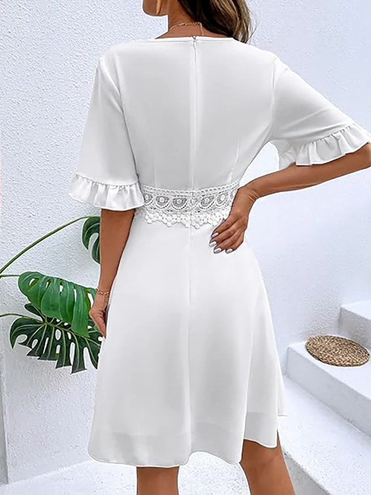 Mugen Plus Size Dress Lace V-Neck 2024 Women‘s Clothing For Summer Loose Solid Color Ruffle Sleeves Plus Size Casual Dresses