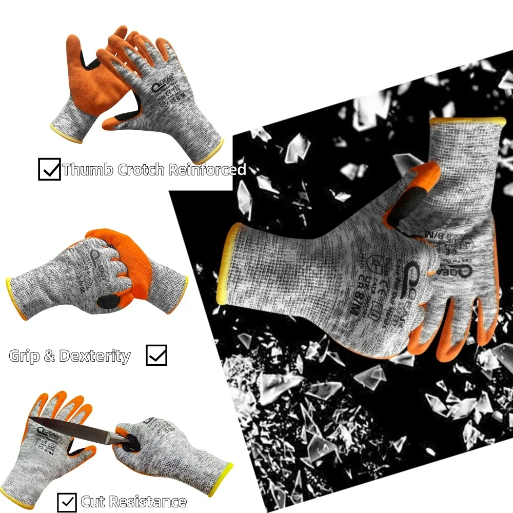 QearSafety Cut level 5 Protection Work Gloves, HPPE fiber Knitted, Sandy Orange Color Nitrile Palm Coated,Anti-slip, Flexible