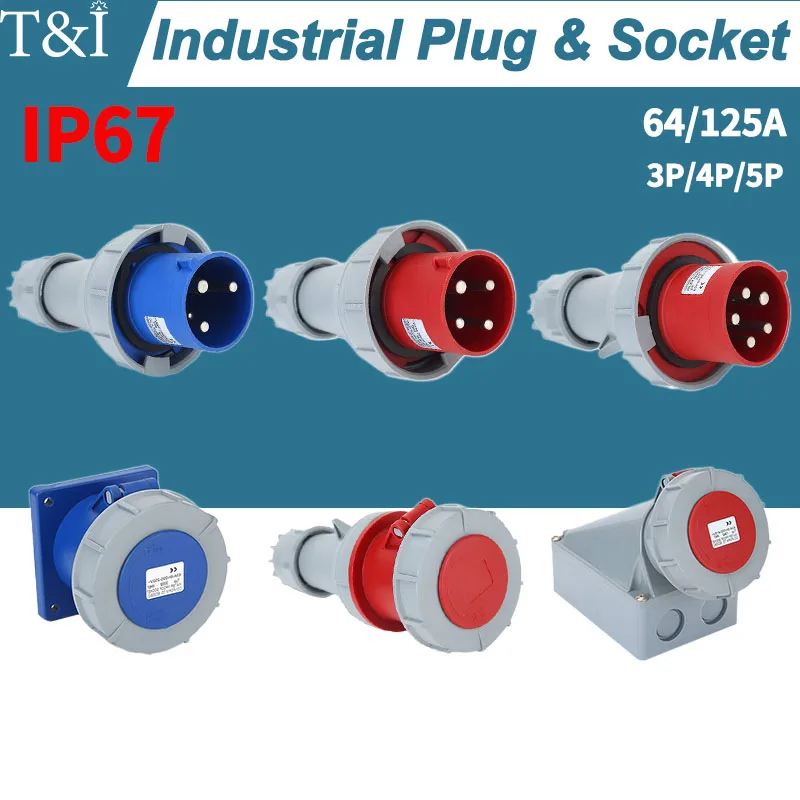 

63/125A промышленный штекер и гнездо-220 В 380 В штекер/гнездо для 3/4/5P с классом водонепроницаемости IP67. Настенный монтаж.