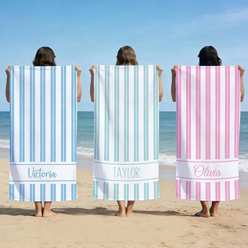 Personalized Striped Beach Towel Custom Name/Logo Oversized Microfiber Towel Summer Party Gift for Beach Swimming Bath Sports
