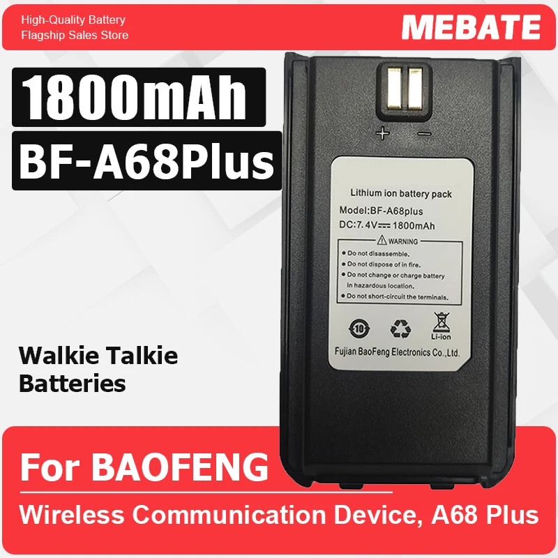 Rechargeable Walkie Talkie Battery, Li-ion Battery, Two Way CB Radio, Wireless Communication Device, A68 Plus, 1800mAh