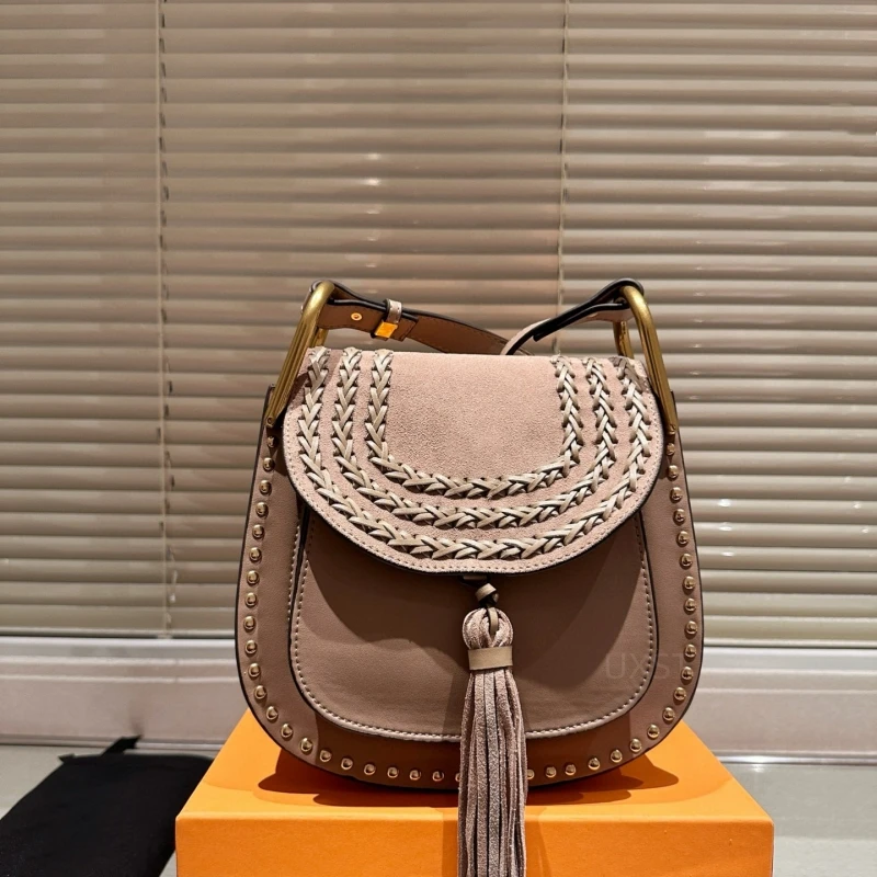 UXST Vintage Brown Suede Tassel Saddle Bag Popular Metal Rivet Flap Pocket Shoulder Bag High Quality Leather Woven Crossbody Bag