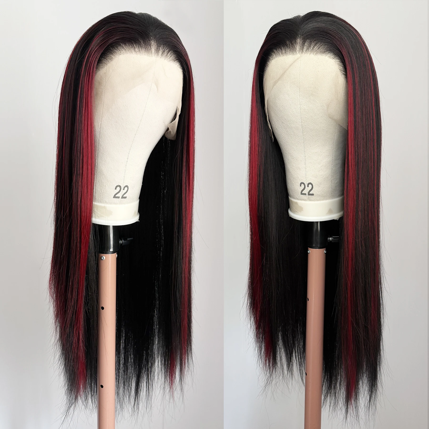 

Black Wig with Red Highlighs 13x4 Lace Front Wig for Women Long Silky Straight Synthetic Hair Natural Hairline Daily Wear Party