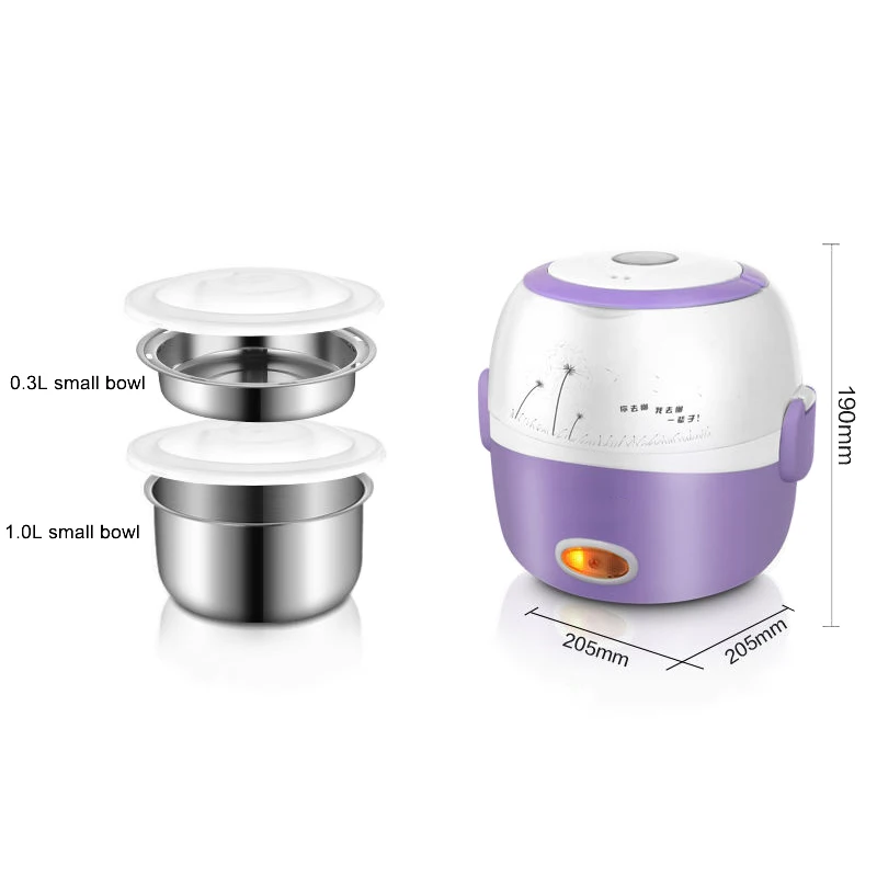 Mini Electric Rice Cooker Stainless Steel 2/3 Layers Food Container Steamer Portable Meal Heating Lunch Box Heater Warmer Bento