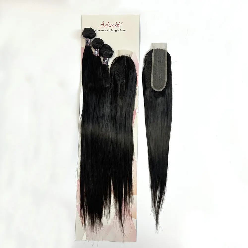 Full Pack Silk Straight Blend Hair With Silk Base Closure,Protein Hair mixed Heat Resistant Fiber Synthetic Remy Straight 3PCS