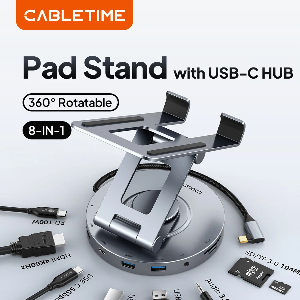 

CABLETIME USB C Hub 8 IN 1 DOCK 360 Rotating Stand HDMI 4K 60Hz PD 100W USB 5Gbps SD TF Aux 3.5mm for iPhone iPad Pro Tablet