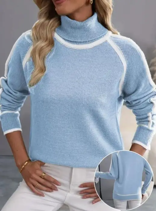 

Cotton Sweater Pullover High Neck Color Block Loose Casual Versatile Sweater for Women Fashionable Casual Loose Knitted Sweater