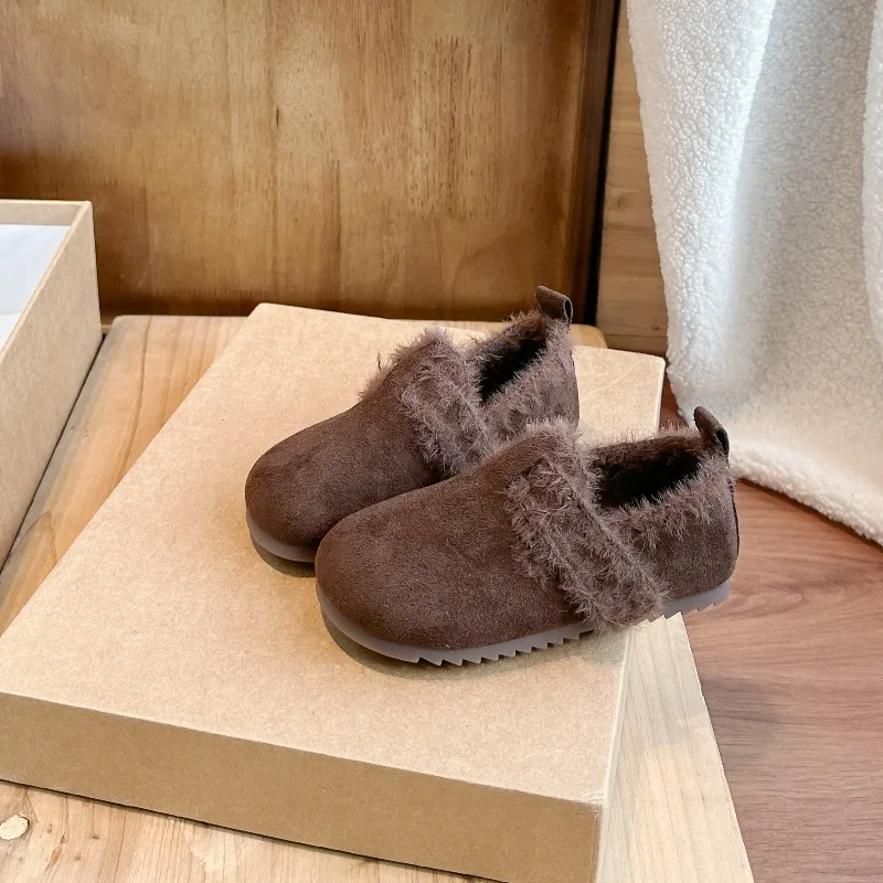 Toddler Girls Soft Flurry Leather Shoes 2026 New Winter Kid Warm Moccasins Non-slip Trendy Retro Style School Outdoor Daily Wear