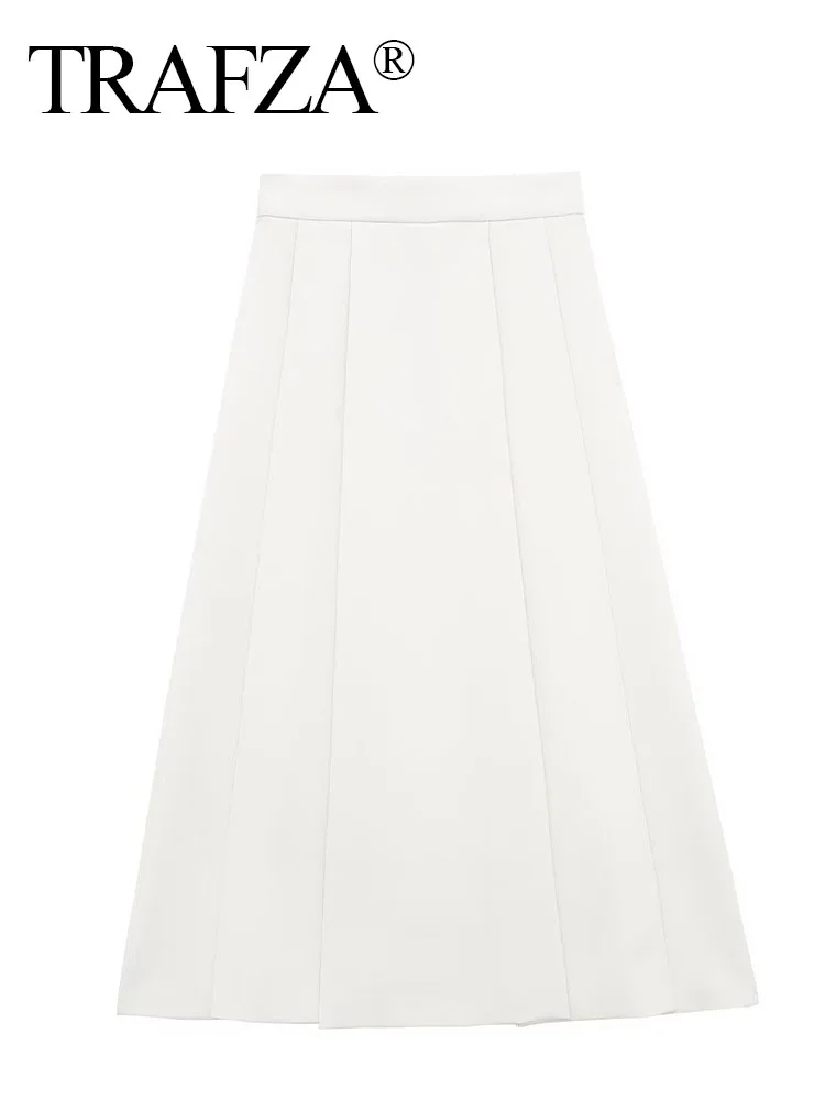 

TRAFZA Female Summer New Fashion Solid Zipper Waist Long Skirt Women Chic White Pleated Elegant Ankle Length Skirts Mujer TRAF