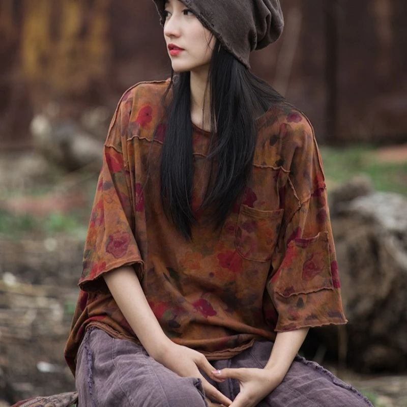 

Весна-Осень, 100% хлопок, уличная одежда в стиле художника, футболки с короткими рукавами, женские футболки с круглым вырезом и цветочным принтом, топы больших размеров