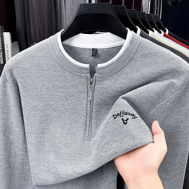 Herbst-Trend: Herren-T-Shirt in Unifarbe mit halbem Reißverschluss, 100 % Baumwolle, langärmelig, mit Stehkragen, hautfreundlich, für den täglichen Gebrauch, Herrenbekleidung. – Detail 6