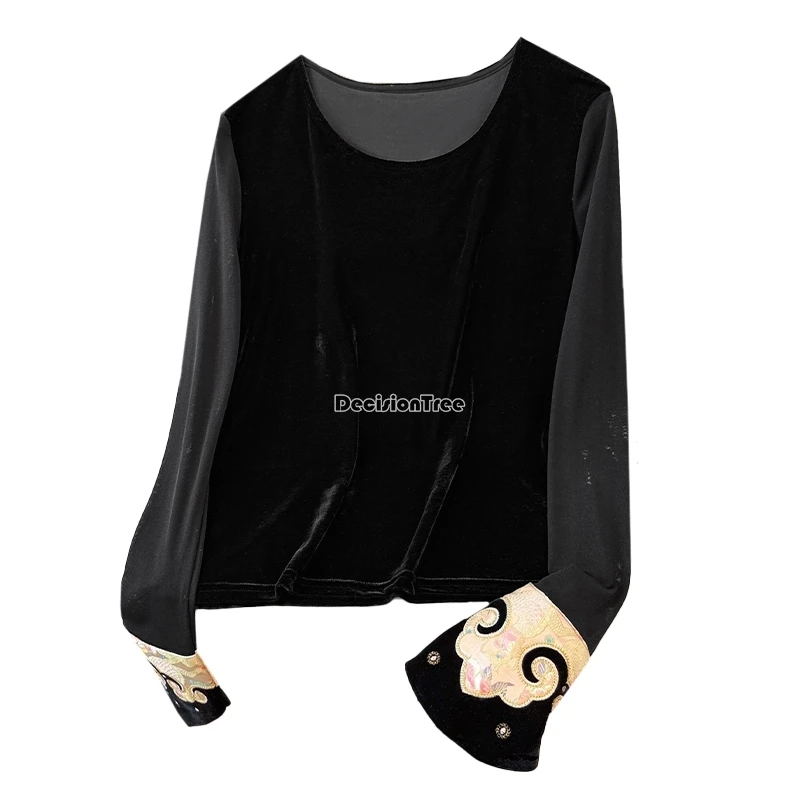 قميص بدلة تانغ ذو ياقة مستديرة مطرز على الطراز الوطني الصيني الجديد لعام 2025 بأكمام طويلة للنساء بطبقة قاعدة كلاسيكية t01