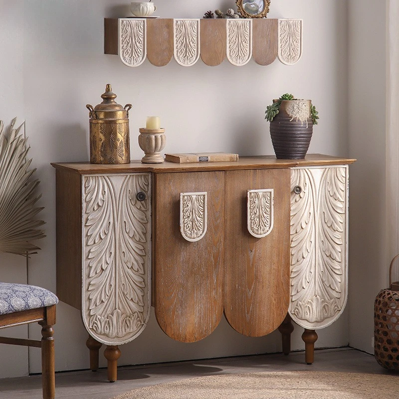 

French solid wood relief home decoration entrance cabinet, retro personalized dining side cabinet, old storage complete set of
