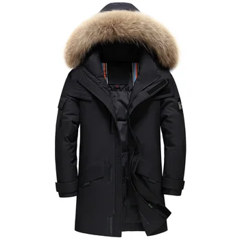 Neue echte Pelz kragen Herren Daunen jacke Kapuze warmen Wintermantel Männer 90% weiße Ente lange Parka hochwertige Mann Mantel
