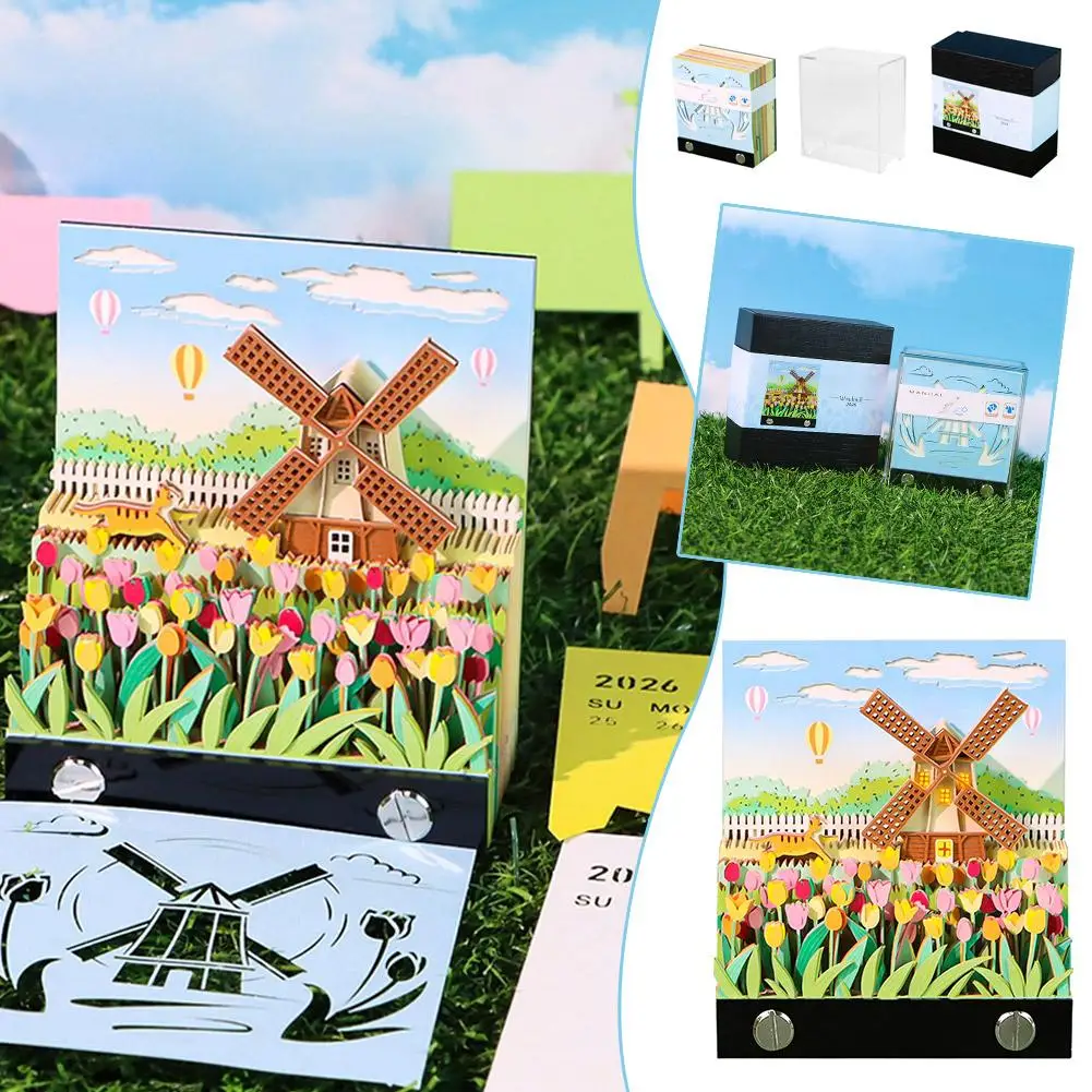 

2026 New Dutch Windmill Calendar 3D Tearable Table Calendar Tulip Creative Decoration Calendar Memo Gift Desktop B2Y9