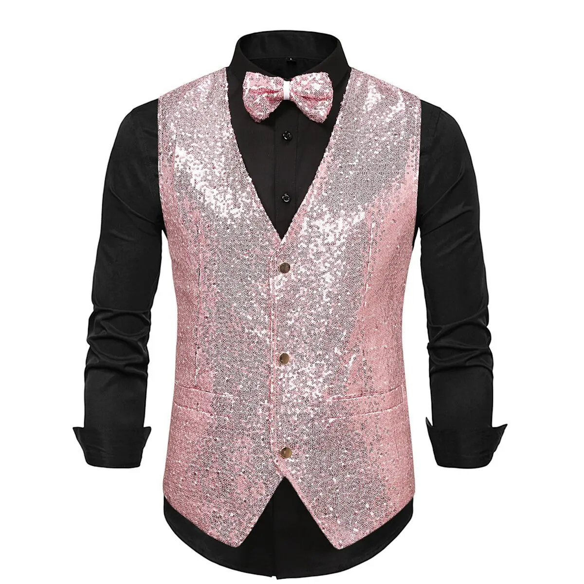 Shiny Green Sequin Sparkling Waistcoat Men Slim Fit V Neck 2 Pieces Mens Vest with Bowtie Wedding Party Stage Prom Costume Gilet