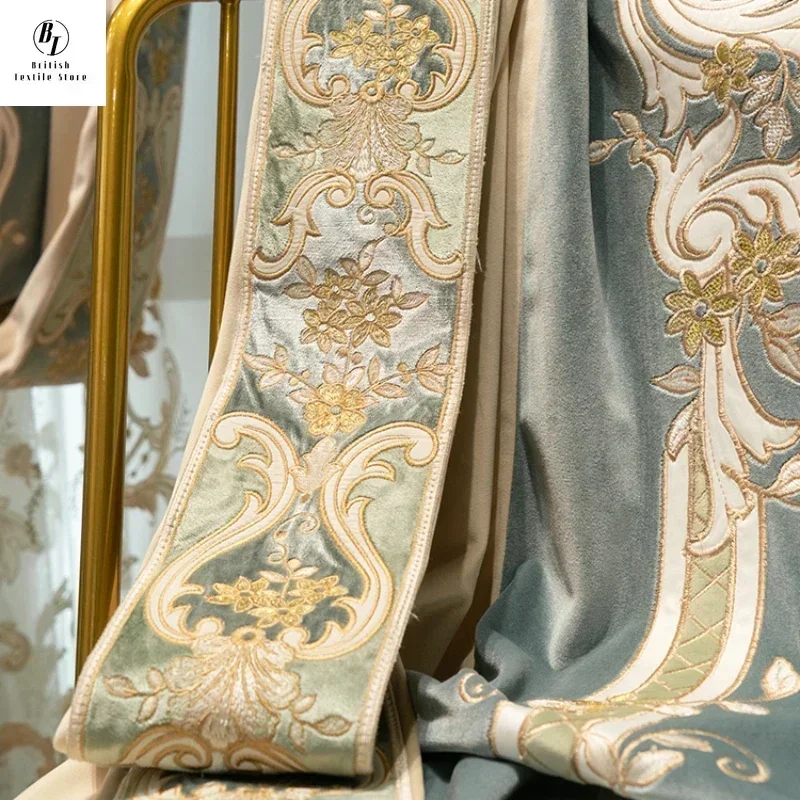 

Европейские утолщенные плотные синие бархатные шторы с вышивкой для гостиной, спальни, затемняющие обеденные кружевные роскошные тюлевые шторы