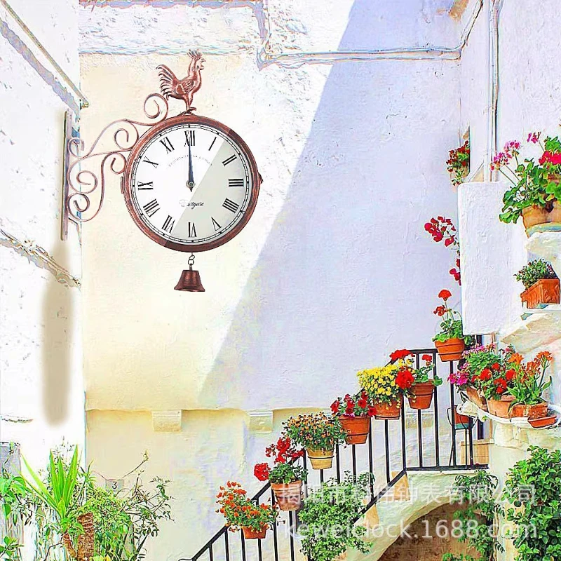 Double Sided Cockerel Vintage Retro Home Decor Coffee Bar Decoration Metal Hanging Clock Battery Power Outdoor Wall Clock