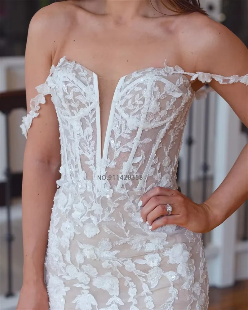 Customized Modest Sweetheart Neckline Wedding Dresses Off The Shoulder Lace Appliques Sweep Train Mermaid Bridal Gowns