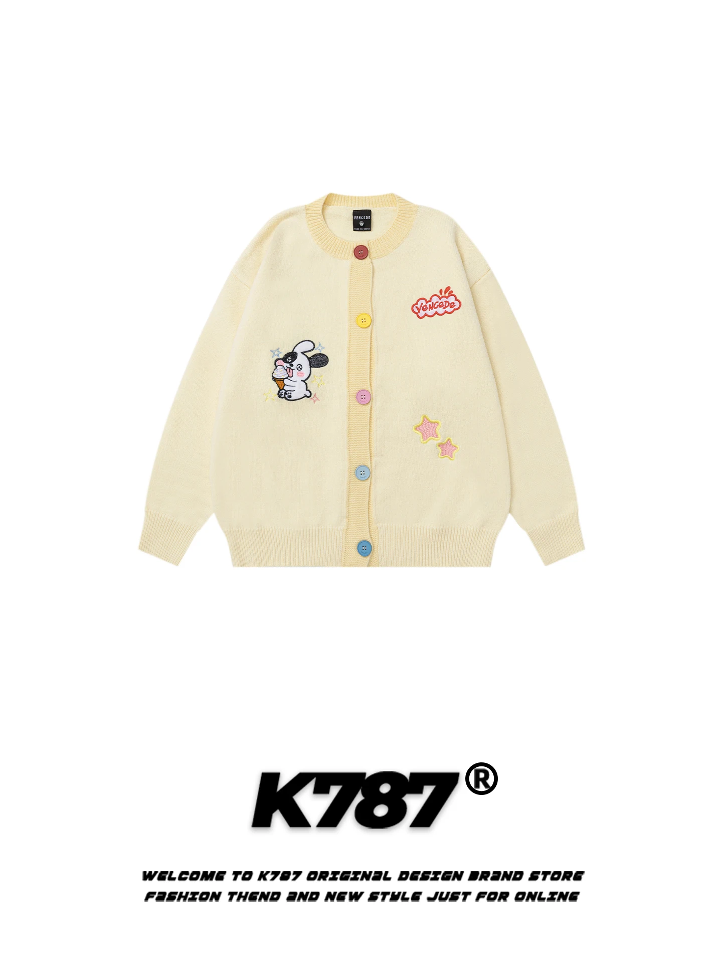 

Ретро-кардиган в американском стиле с вышивкой милого кролика, свободный крой, вязаный, с круглым вырезом, в студенческом стиле, антивозрастной эффект