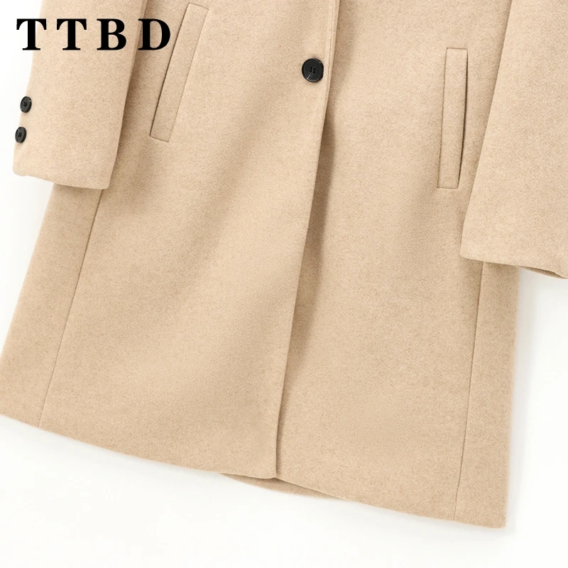 TTBD 2024 Autumn Lady Fashion Overcoat Top Commuting Winter Woman Beige Long Sleeve Jacket Loose Fit Thick Notched Collar Coat