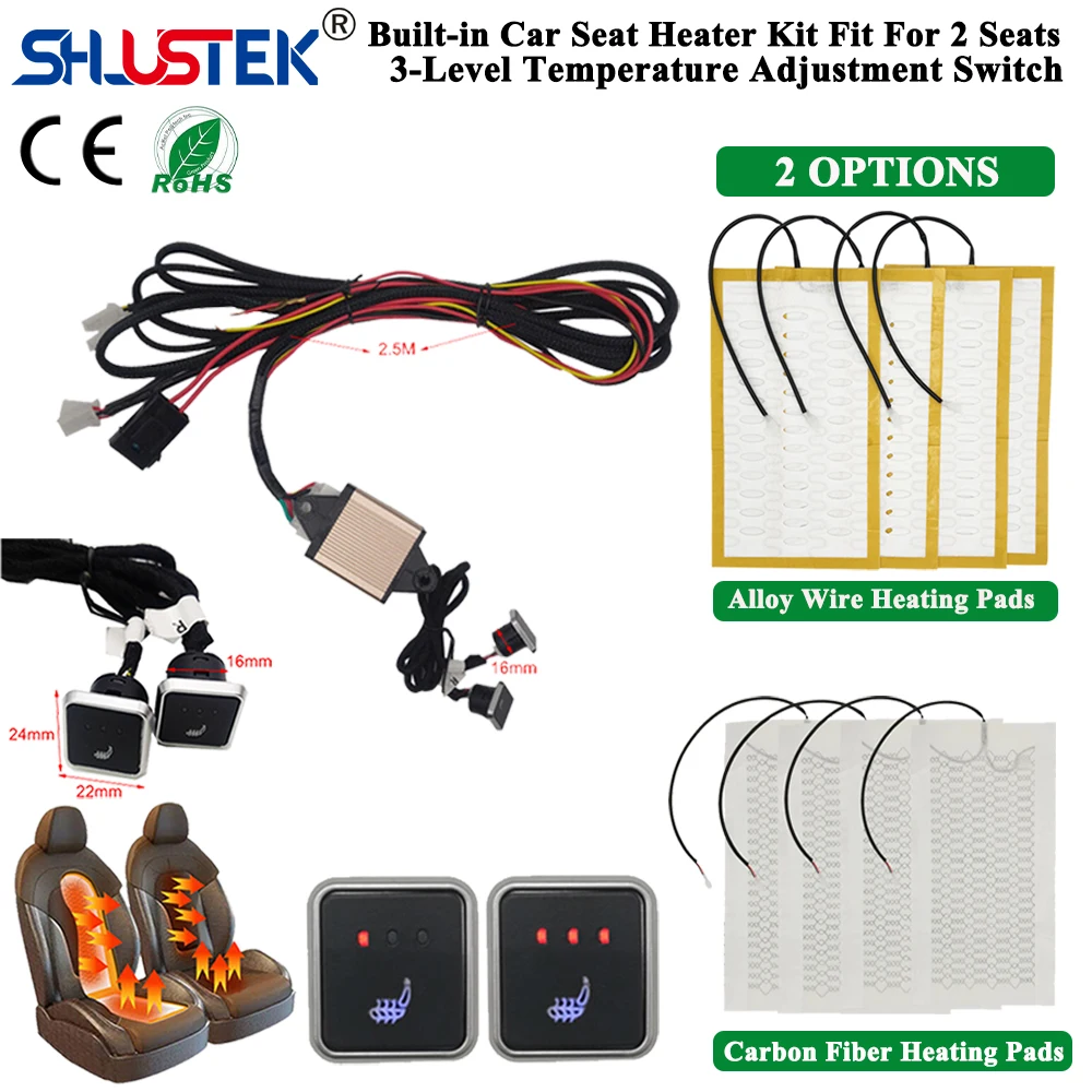 Universal 12V Built-in Car Seat Heater Kit for 2 Seats ,with 4 Heating Pads 25W, 3-Levels Dual Square Control Switch System