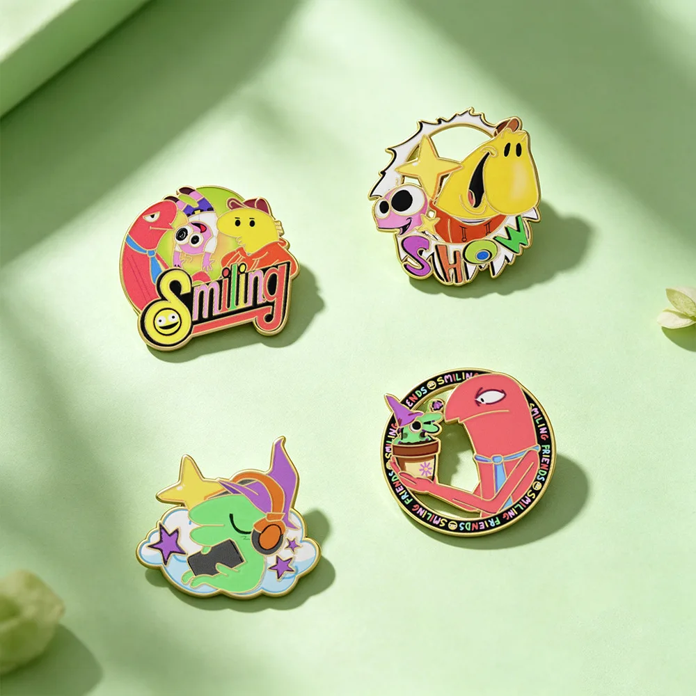 4Pcs Creative Smile Friend Charlie Enamel Pin Anime Allan Pim Character Brooch Badge Backpacks Fashion Metal Lapel Jewelry Gift