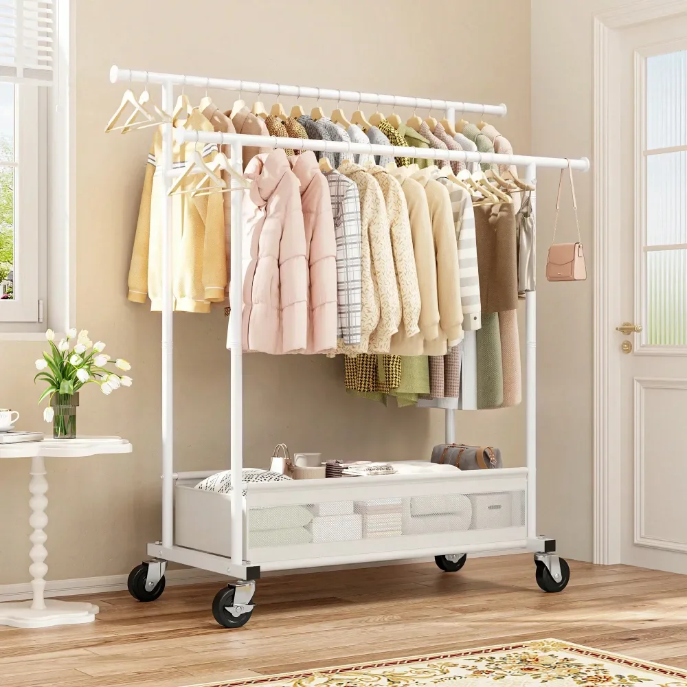 

Duty Rolling Clothes Rack With Double Rods And Storage Basket Perfect For Bedroom Laundry Room Or Apartment, White