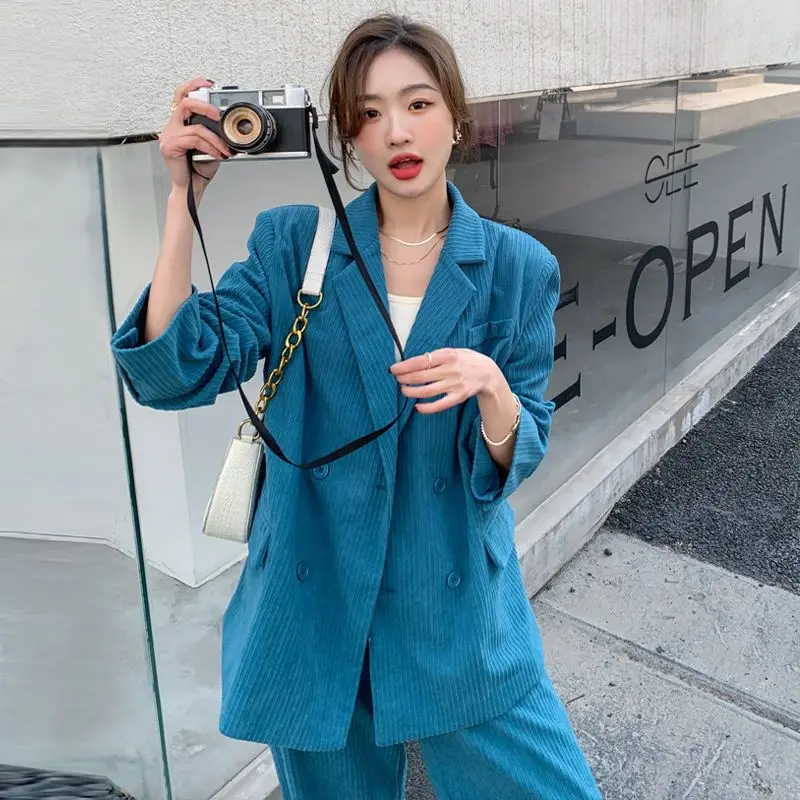 Women's Autumn/Winter Corduroy Blazer Wide Leg Pants Set Vintage Casual Loose Pit Striped Suit Collar Coat  Two Piece Sets