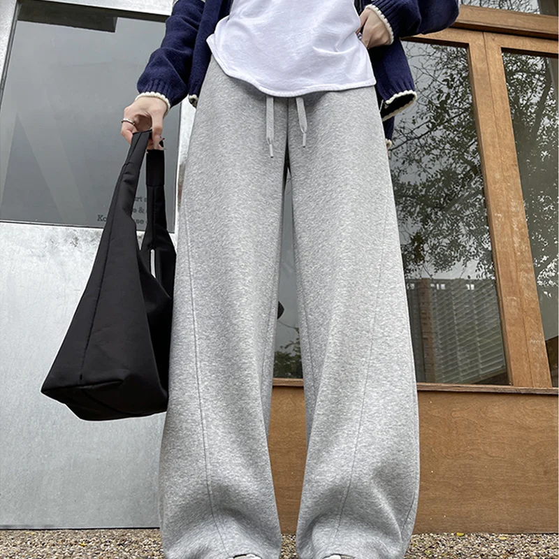 Damskie spodnie dresowe hip-hop na jesień i zimę 2025, modne, elastyczny pas, luźne, szerokie nogawki, proste, jednolite, ze sznurkiem.