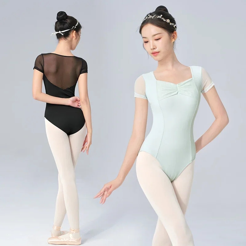 Women Ballet Leotards Pleating V-neck Gymnastics Mesh Splice Ballerina Dance Yoga Pilates Dancing Bodysuits Swimwear Leotards