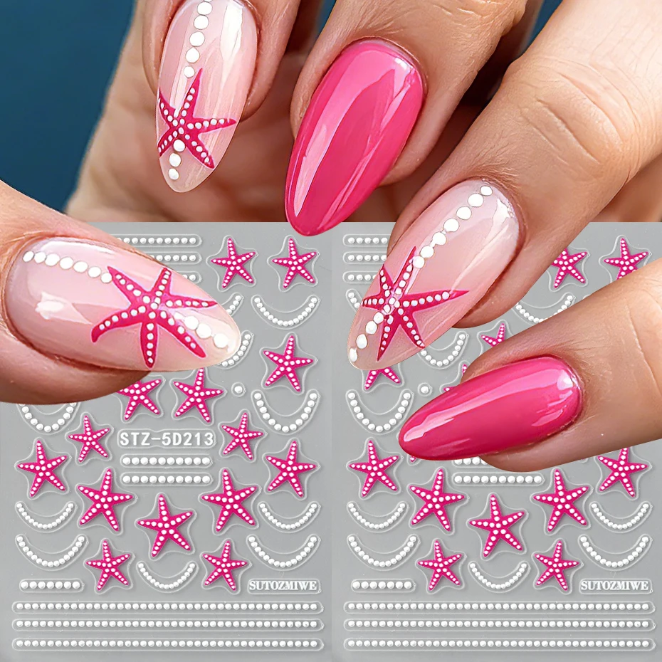 2 Stück rosa Seestern-Nagelaufkleber, weiße Punktlinie, Welle, 3D-Nagelkunst-Aufkleber, niedliche Sommer-Tropen-Nagelschieber, Maniküre-Dekorationen