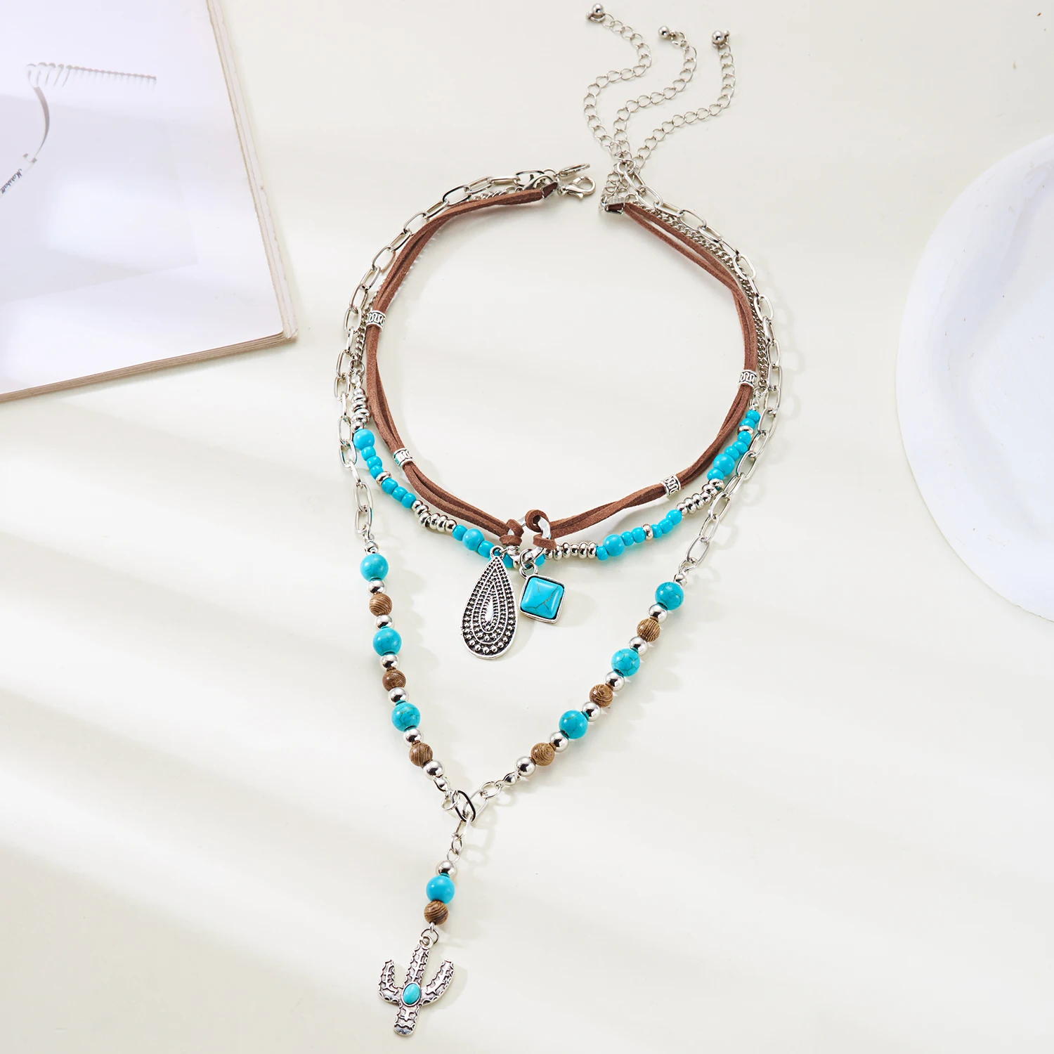 Vintage Blaue Stein Perlen Choker Halsketten Set für Frauen Böhmen Geometrie Bull Kopf Anhänger Halsketten Party Schmuck Geschenke – Detail 6