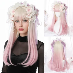 Long Straight Synthetic Ombre Blonde Pink Lolita Wig with Bangs Cosplay Fluffy Hair Wig for Daily Party