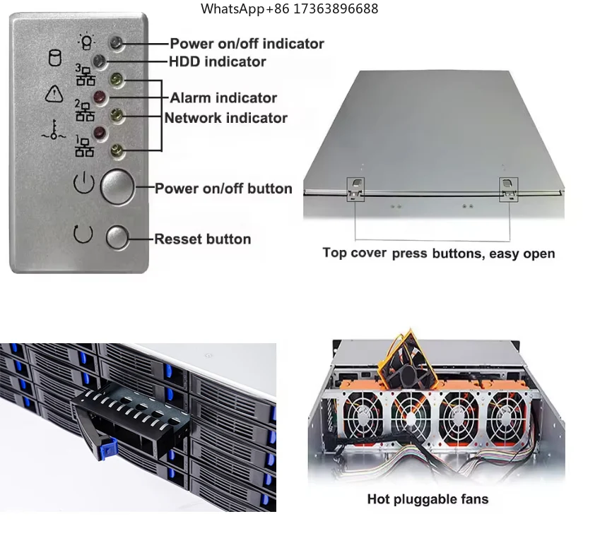 4U Rackmount Server Case 24 Hot-Swappable SATA/SAS Drive Bay MiniSAS/SATA 6Gb/s 12Gb/s Connector Fan Cooling USB Power Supply