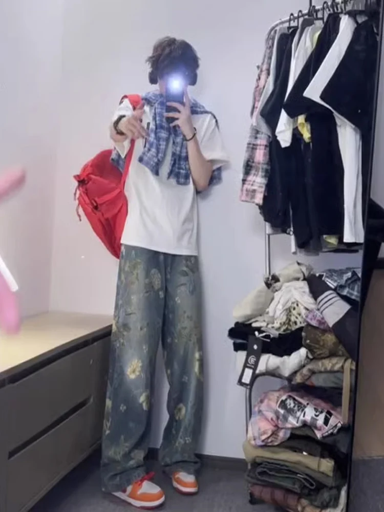 

Джинсы с американской талией в стиле ретро, мужские джинсы High Sensation, свободные прямые брюки длиной до пола, модный бренд Cool Haome