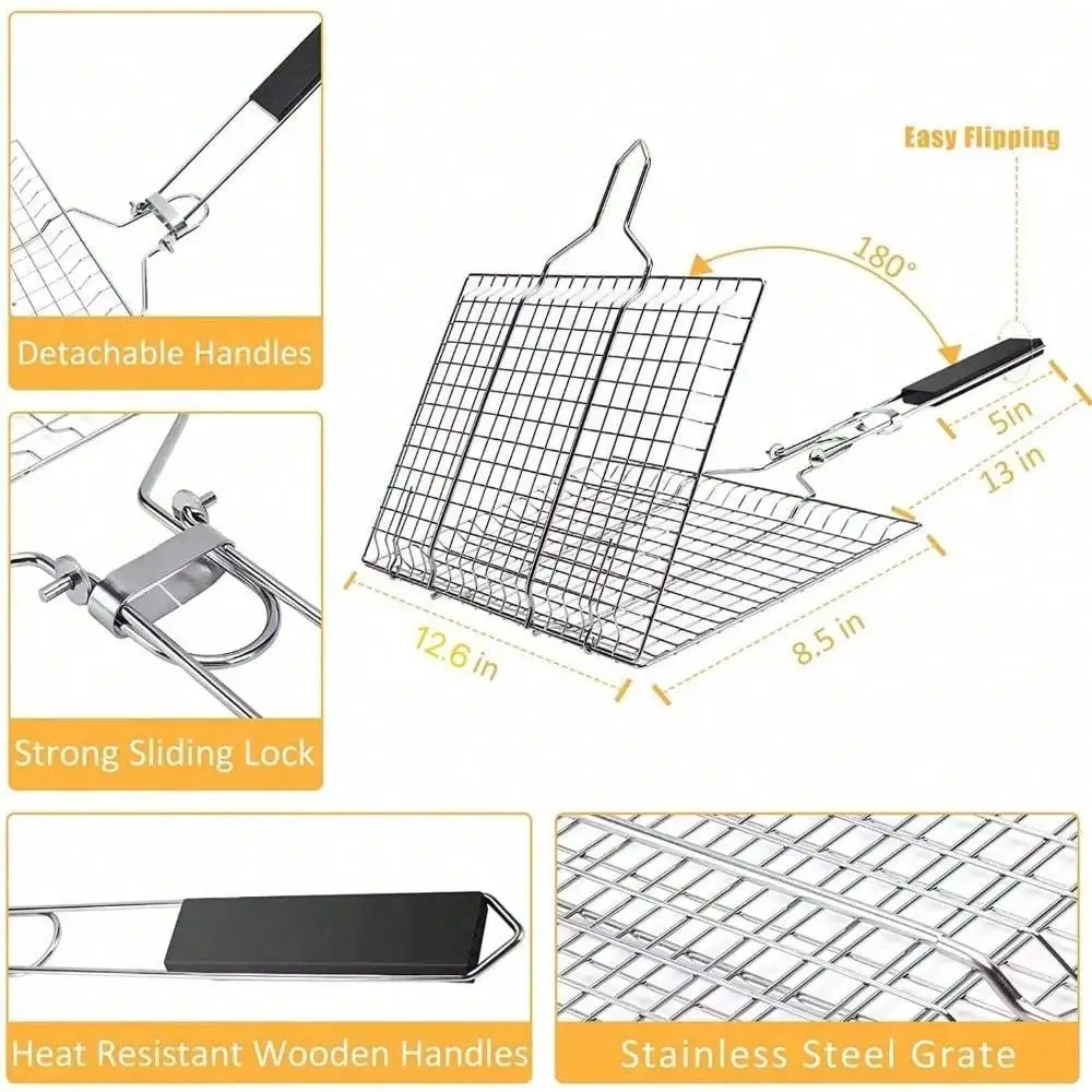 Folding Portable Outdoor Camping Stainless Steel BBQ Rack With Removable Handle Grilling Basket Barbeque Griller Cooking Tools