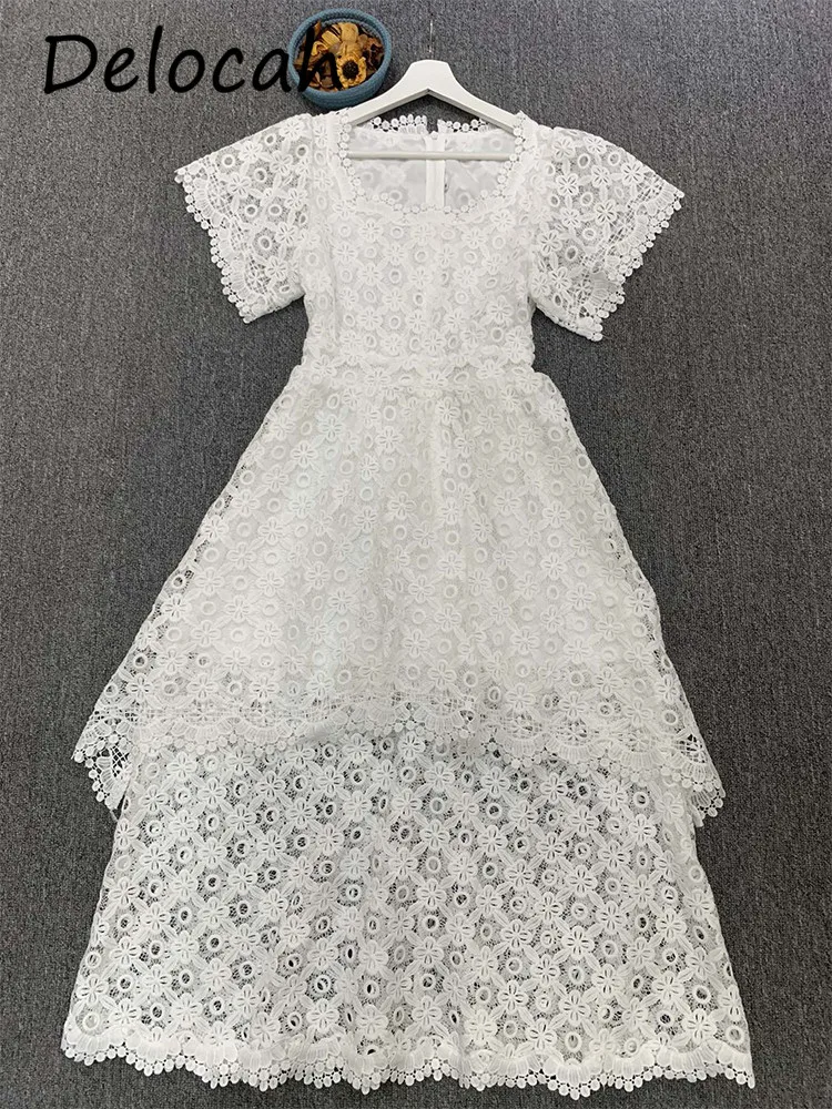 Delocah Spring/Summer Hollow-out Petals Short-Sleeved Round Collar Breathable Elegant Fresh White Blossom Long Dress