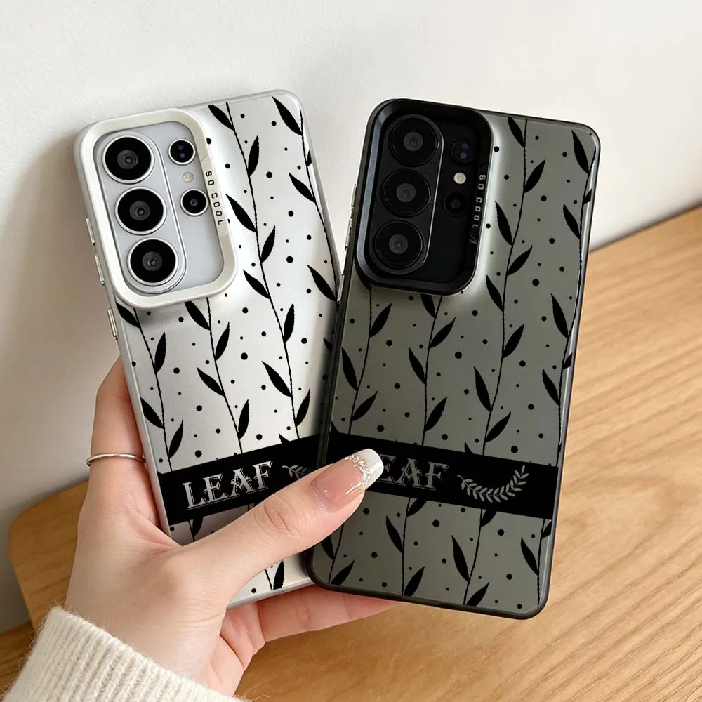 Black Leaf Design For Samsung Galaxy S26 S25 S24 S23 S22 S21 S20 Plus Edge Ultra FE Colored Silver Phone Case Cover