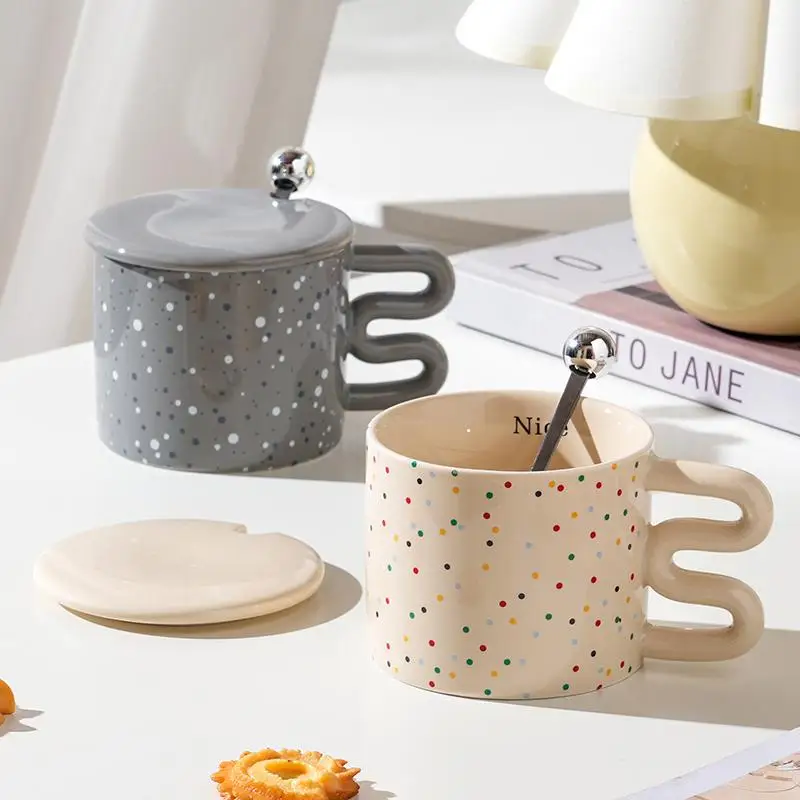 Creative Splashed Ink Ceramic Mug with Lid Spoon Niche Design Sense Office Coffee Cup Household Water Cups Gift for Friend