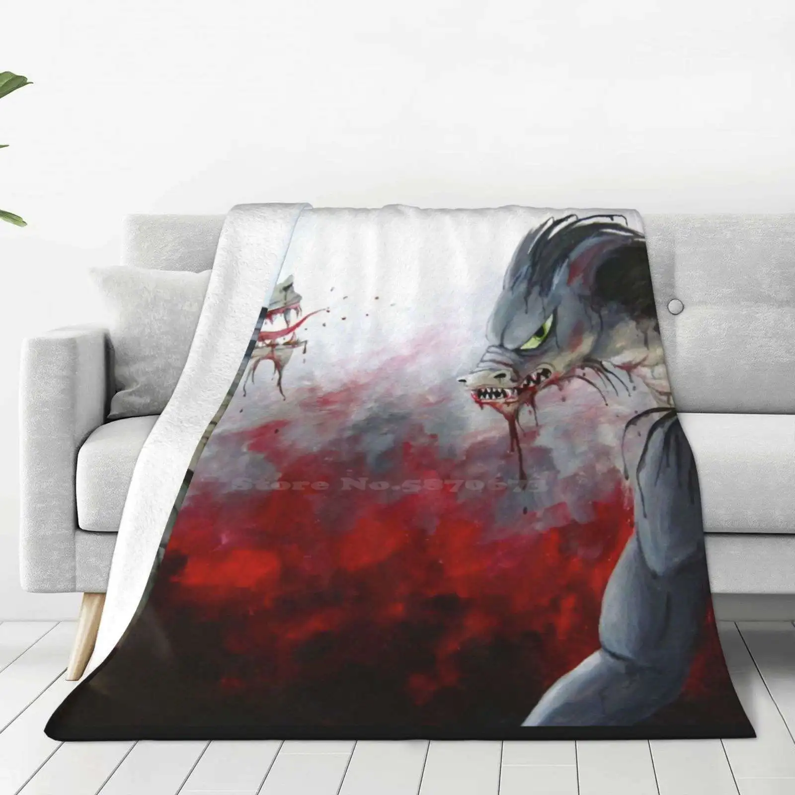 Frenzy New Print Novelty Fashion Soft Warm Blanket Acrylic 2012 Violent Bloody Teeth Scary Mouth Howl Macabre Creature Monster