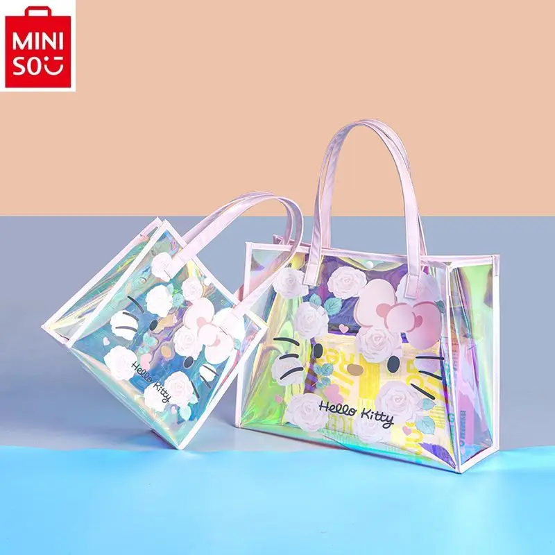 MINISO 2024 Fashion New Colorato Laser Trasparente Hello Kitty Borsa da spiaggia portatile impermeabile di grande capacità per esterni da donna